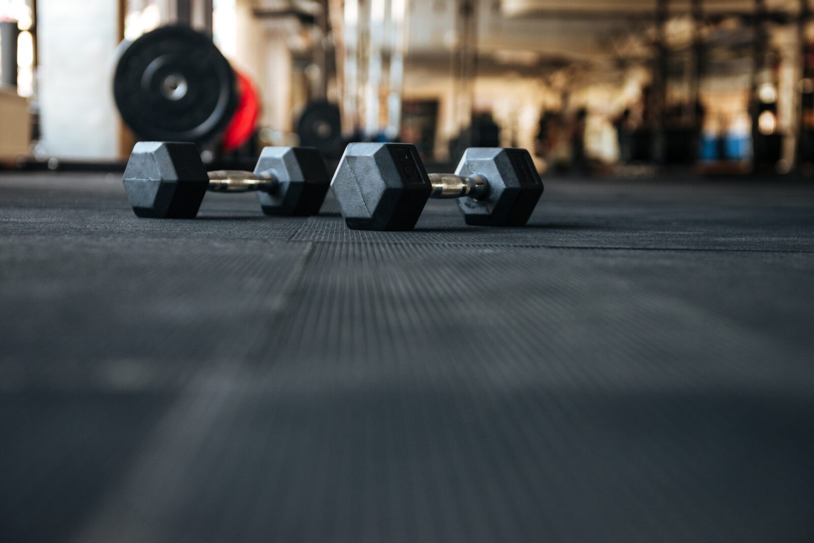 Closeup of dumbbells on the floor in gym